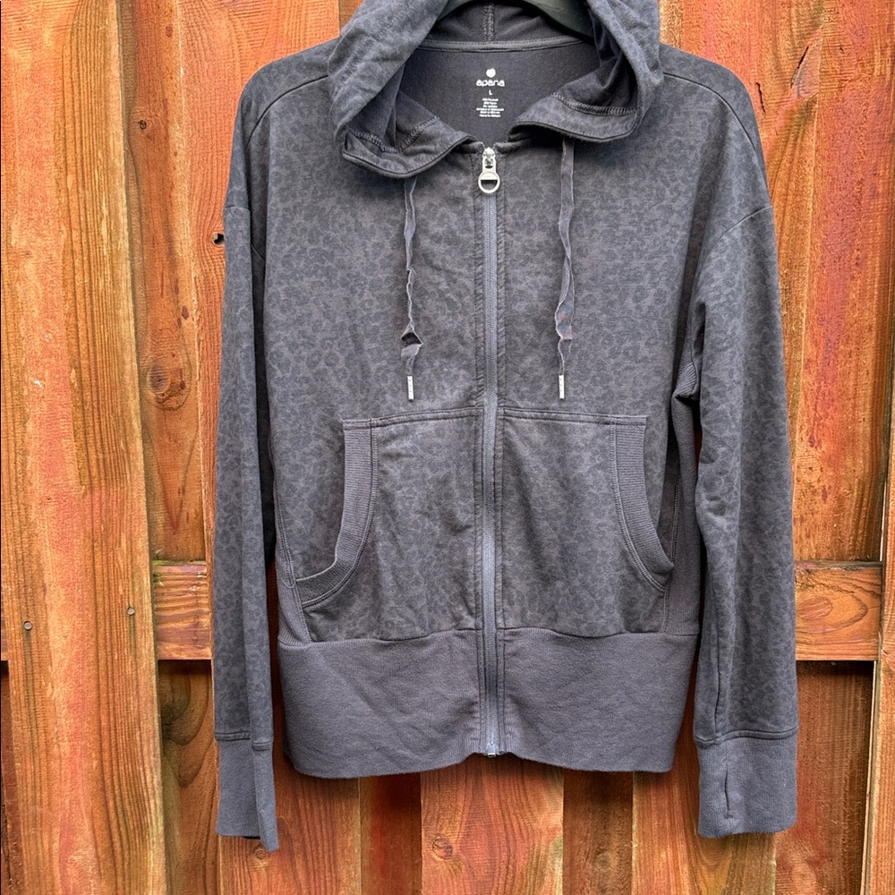 Apana Leopard Print Zip Up Hoodie Thumbholes Charcoal Gray Large L